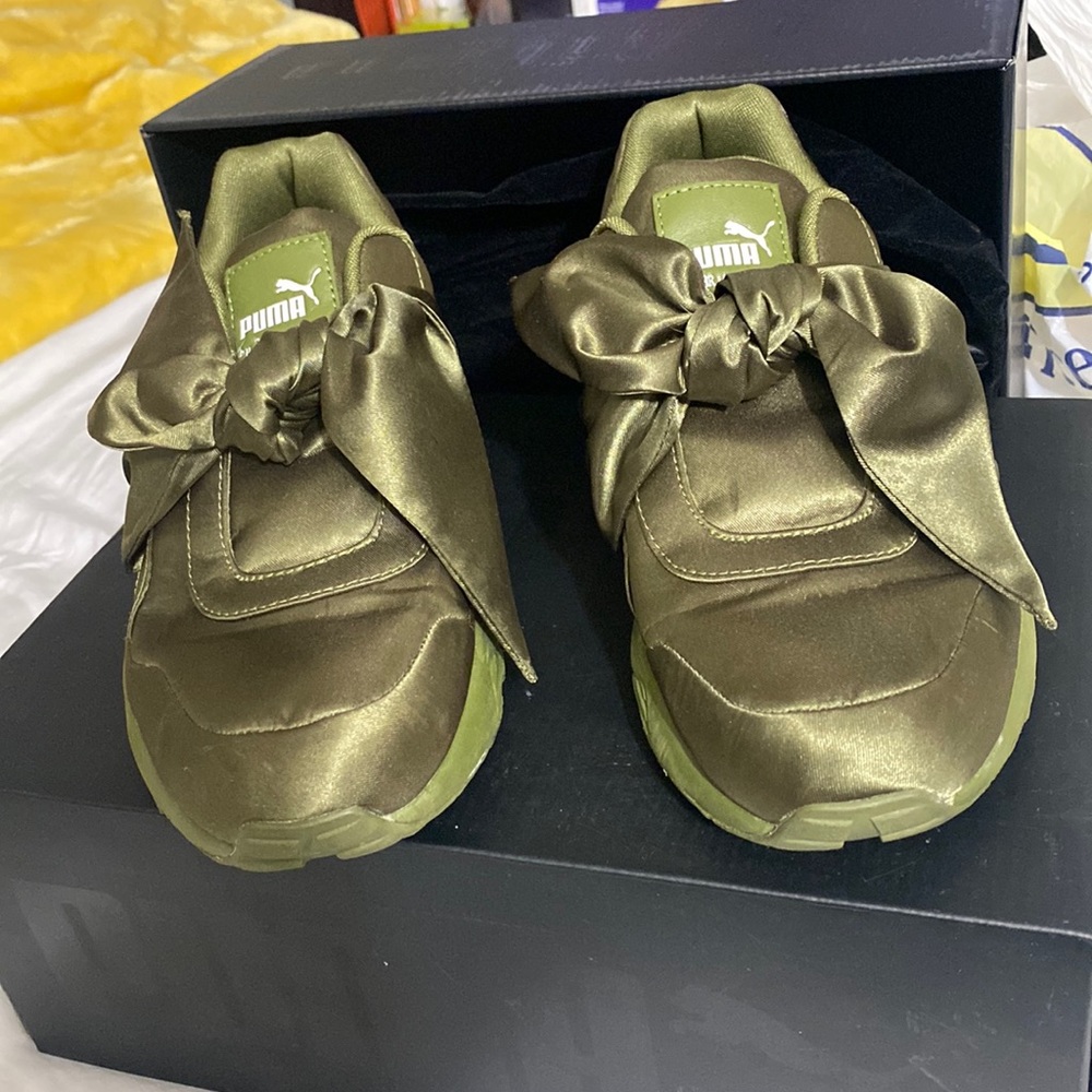 Puma Olive Green Satin Bow Sneakers
